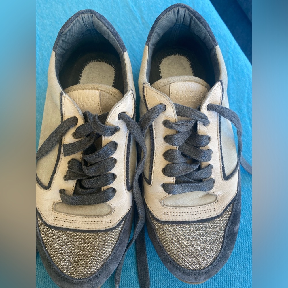 BRUNELLO CUCINELLO fashion sneakers.  Silver glittery toe